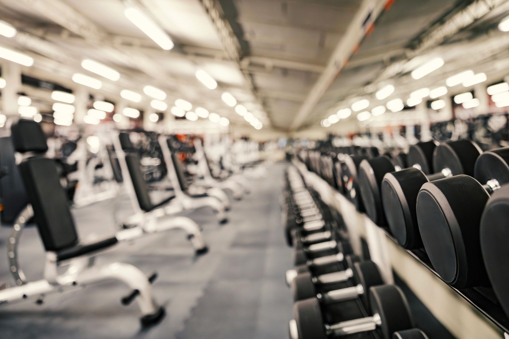 Modern gym interior with free weights and training equipment